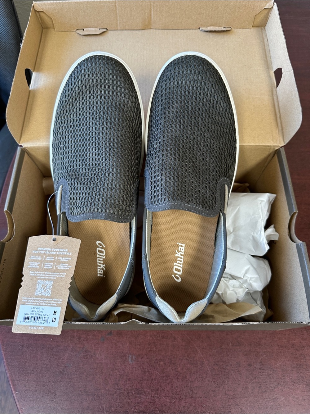 ##890, Size 10, OluKai Men's Charcoal Grey Mesh Slip-On Loafers